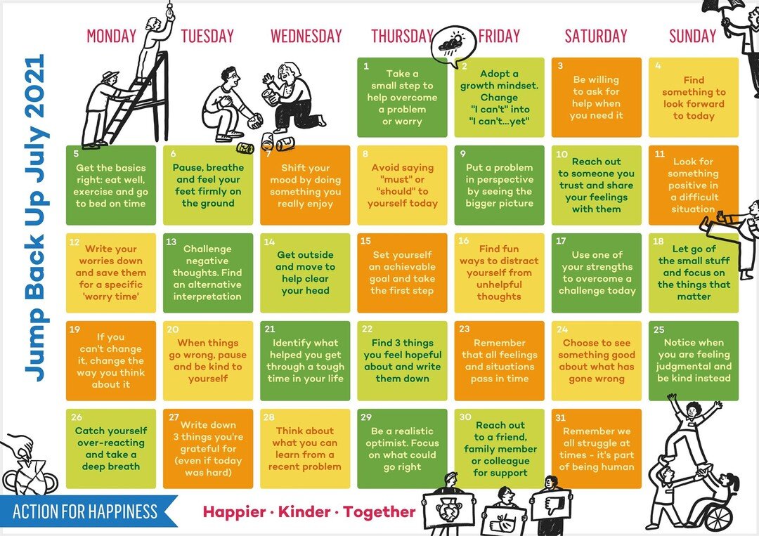Jump Up &amp; Get Involved this July with some of these daily challenges to help us feel happier in ourselves 😀

#July #happiness