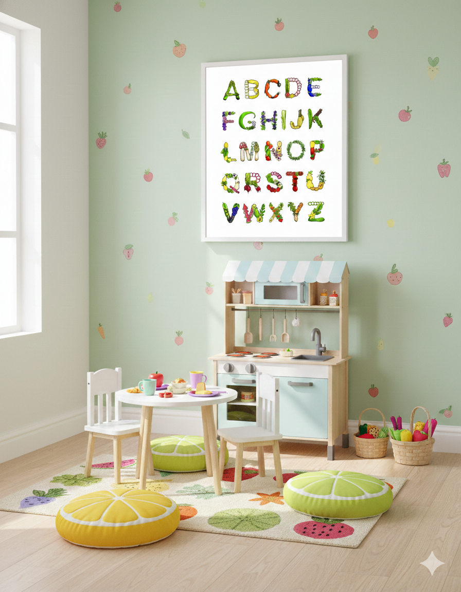 Fruits & Veggies Alphabet Art Print - Vedder Letters - kitchen and dining playroom wall art scene