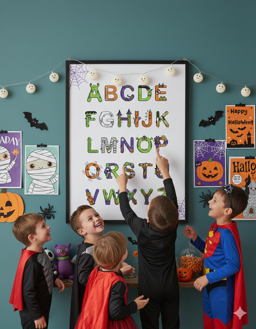 Happy Halloween Art Print - Vedder Letters - Spooky Cute Halloween Party with kids in costumes.png