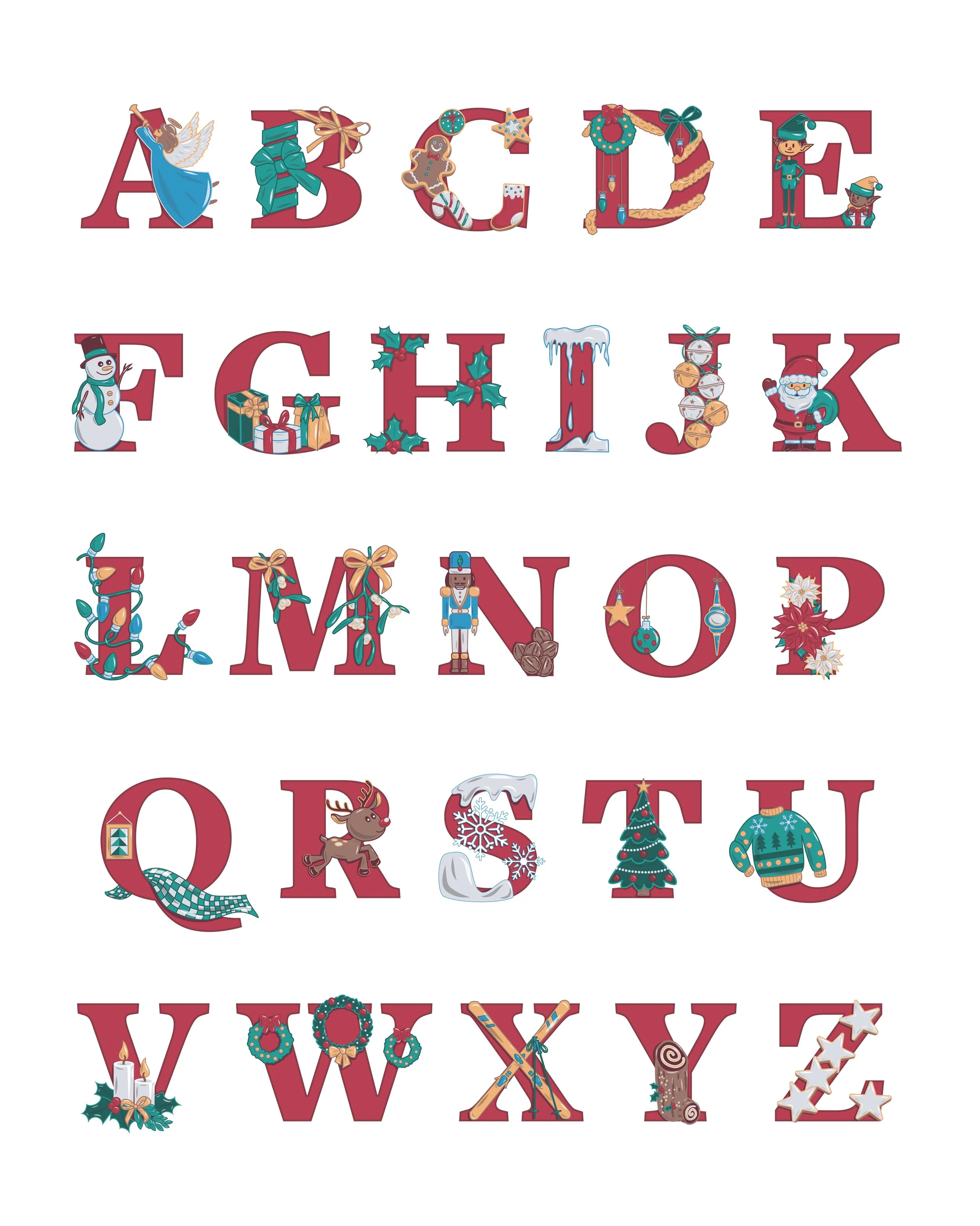 Merry Christmas Alphabet Art Print - Vedder letters - Festive Holiday Art