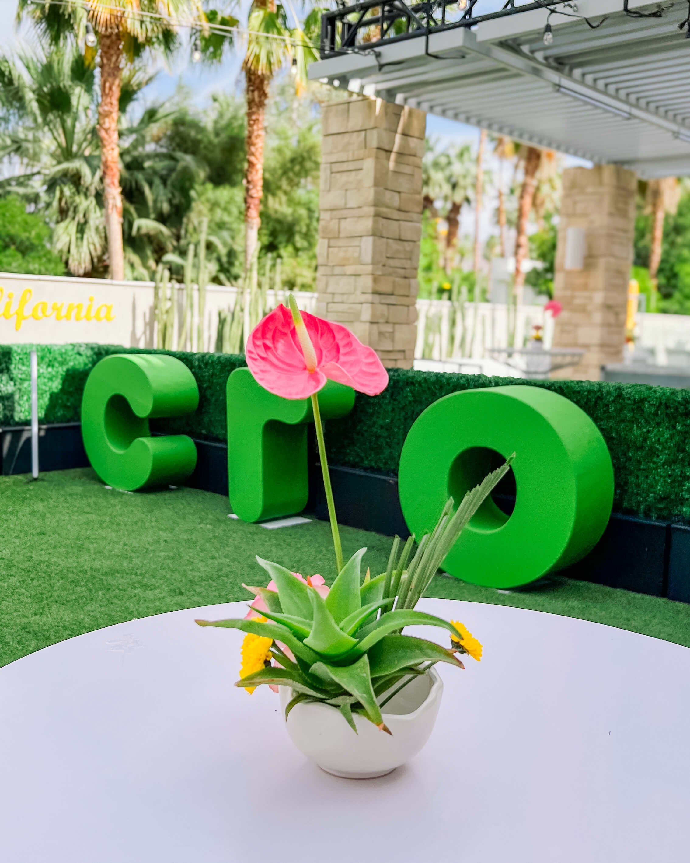 Small cocktail arrangement in a white bowl with a pink anthurium, palm frond, aloe, and button mums. It's on a white, round cocktail table, and a Crocs brand sign is partially shown along a green hedge in the background.