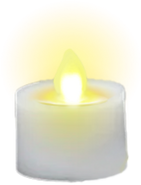A lit white LED candle with a flame