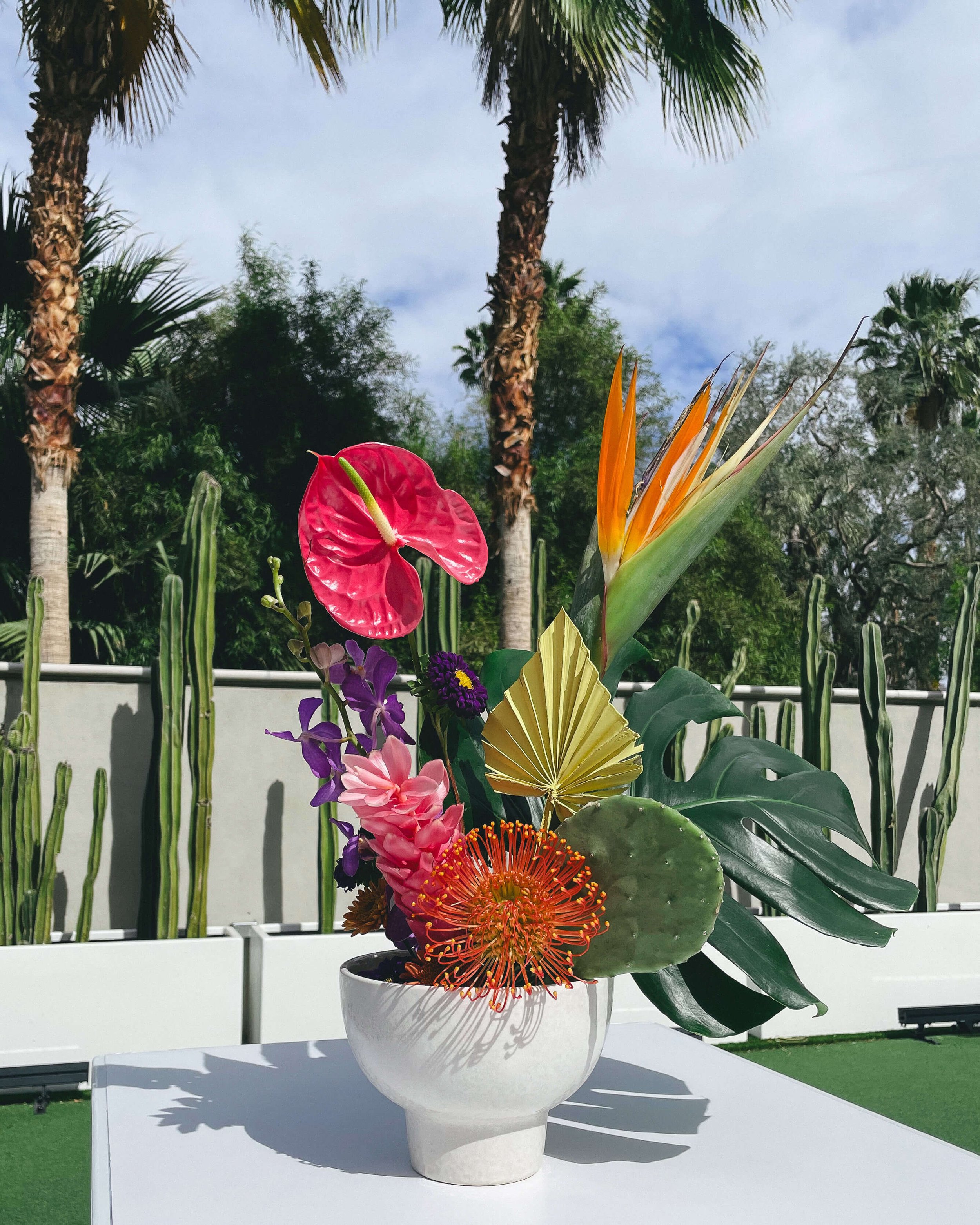 A bright colorful arrangement sits on top of a bar. It features tropical and desert-related plants, like anthuriums, orchids, monstera leaf, cactus paddle, pincushion protea, ginger flower, asters, bird of paradise, and a painted palm spear.