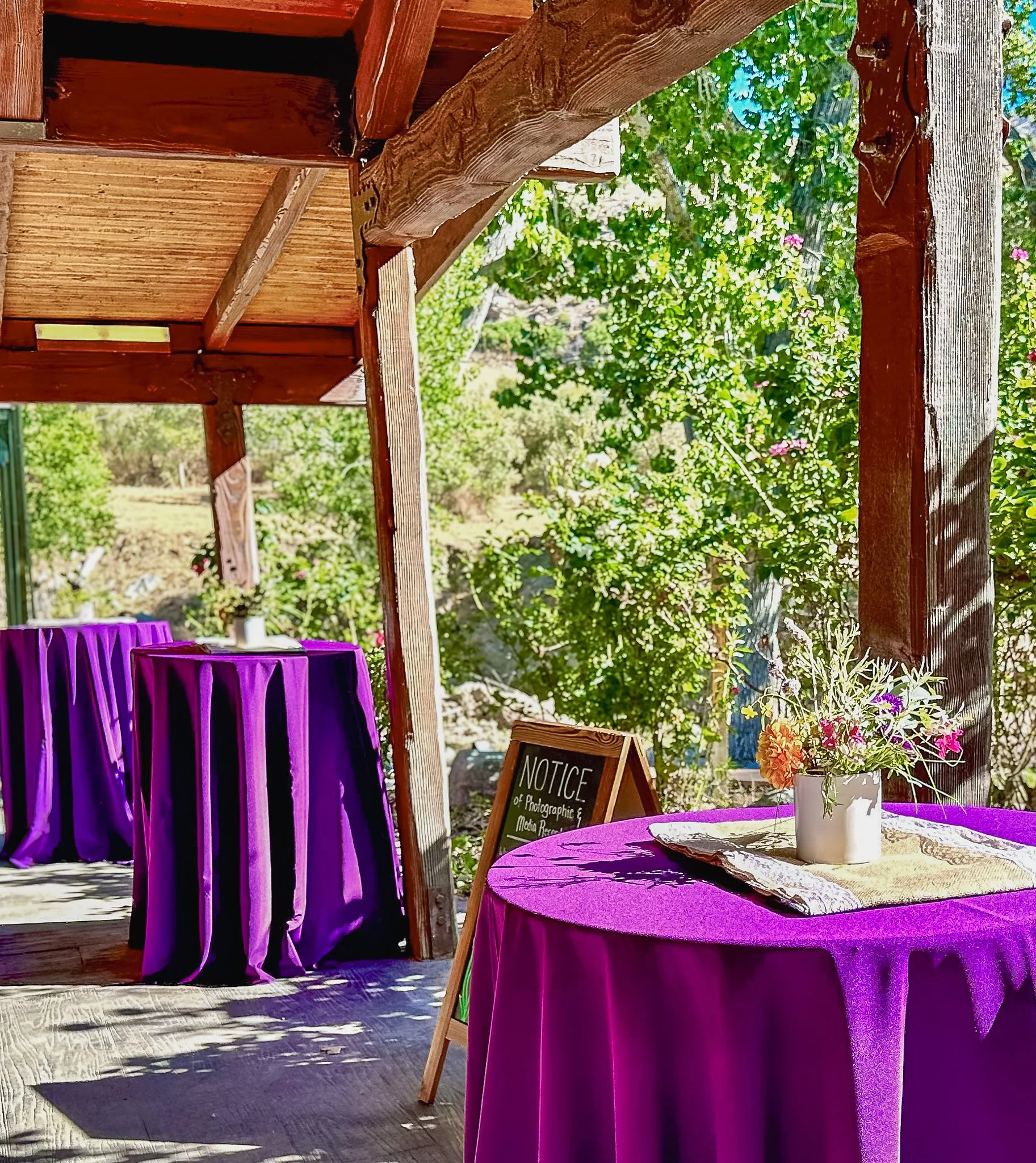 Outdoor event setup with tables draped in purple tablecloths, a floral centerpiece on a round table, and a wooden sign in the background. Lush green trees and foliage surround the area.