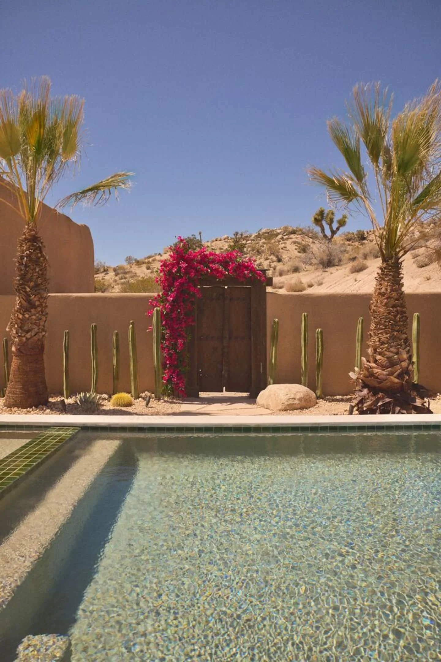 A desert scene with a swimming pool in the foreground, two palm trees on each side, a wall with a wooden gate, flowering bougainvillea, and desert mountains in the background under a clear blue sky.