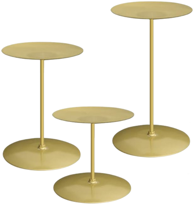 Three gold-colored tiered candle stands with round tops and bases, positioned at varying heights.
