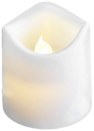 Close-up of a white battery-operated LED candle with a flickering flame effect.