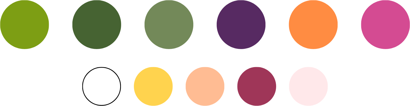 Circle shapes each containing one color of a palette. The colors include shades of green, purple, orange, hot pink, white, yellow, peach, burgundy, and light pink.