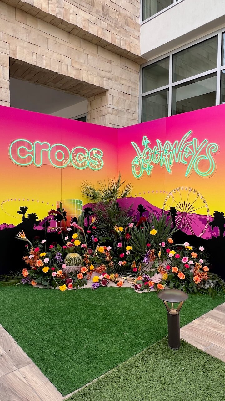 Photo opp set design for the Crocs x Journeys brand activation experience on Hotel Paseo's Event Lawn for the start of Coachella 2026 Weekend Two.