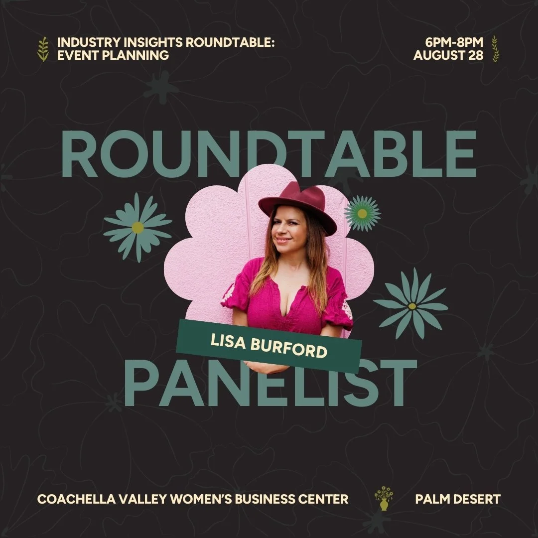 Promotional poster for the Industry Insights Roundtable on event planning, scheduled for August 28 from 6 pm to 8 pm at the Coachella Valley Women's Business Center in Palm Desert. The poster features a woman with long hair wearing a pink top and a maroon hat, positioned against a pink background within a floral shape, with decorative flowers and leaf icons.
