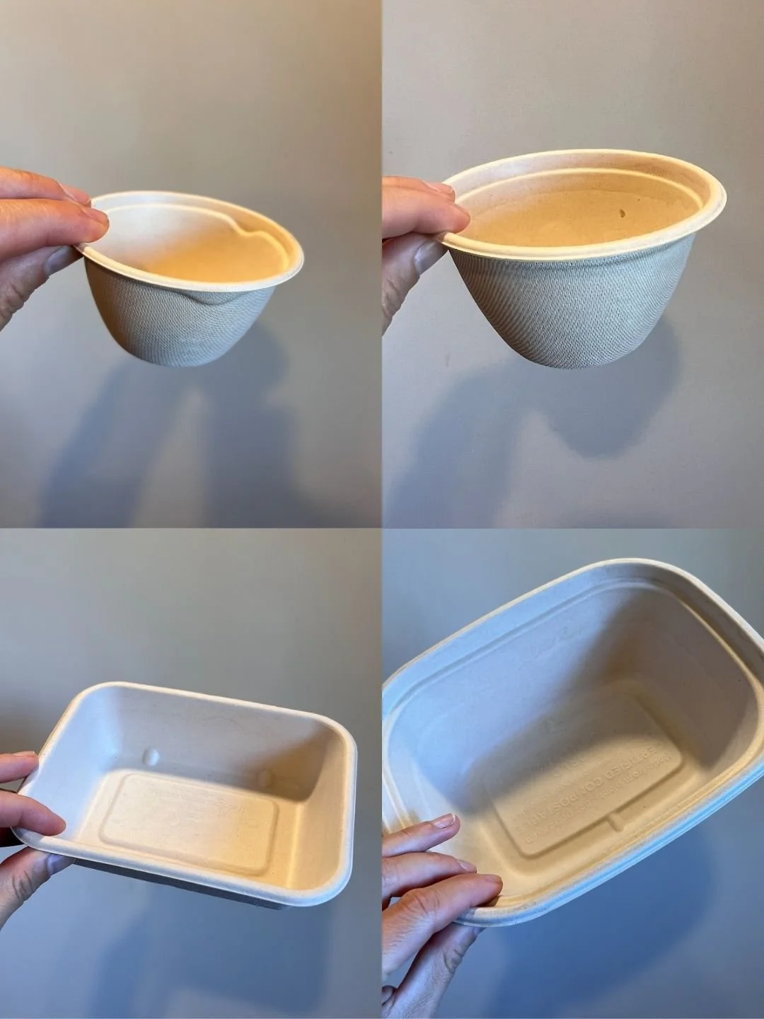 A collage of 4 photos of compostable cups and trays.