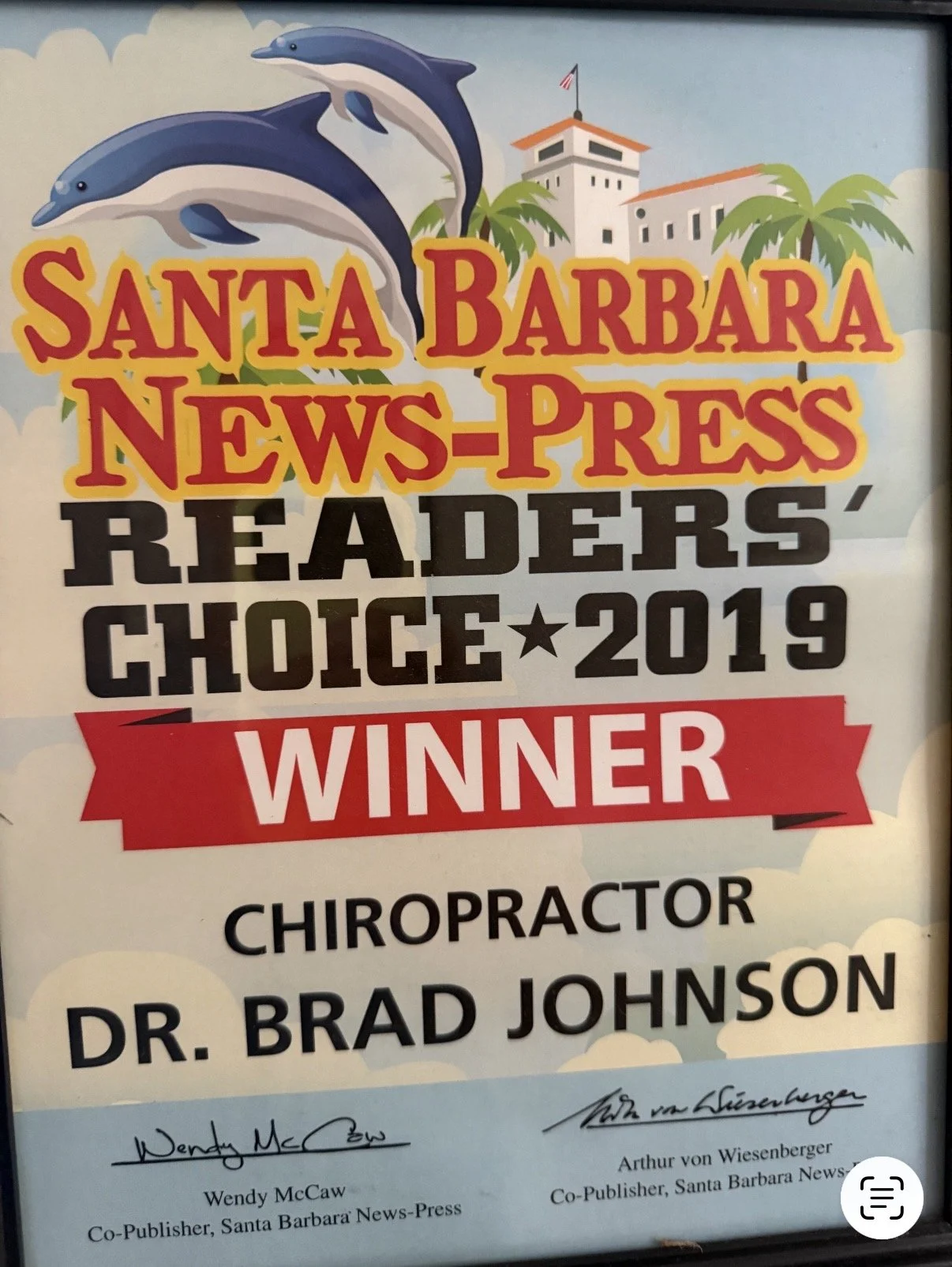 Santa Barbara News-Press Readers Choice 2019 Winner Chiropractor Dr Brad Johnsonctoer