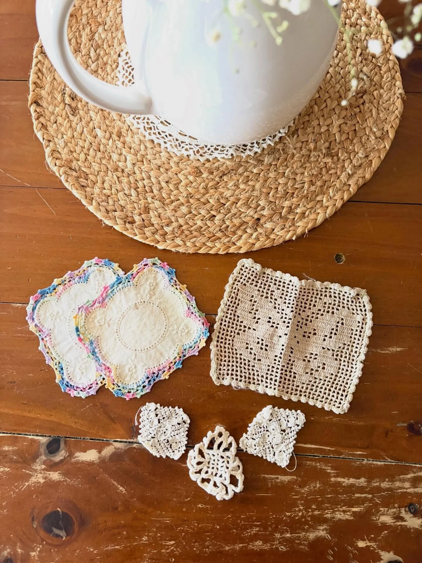Vintage Handwork Set

Lovely set of two vintage coasters. Like many vintage fabrics, these do have some slight discolorations 

Other small handiwork doilies included. 

does not qualify for media mail
&bull;
&bull;
$5 + shipping 
&bull;
&bull;
Pleas