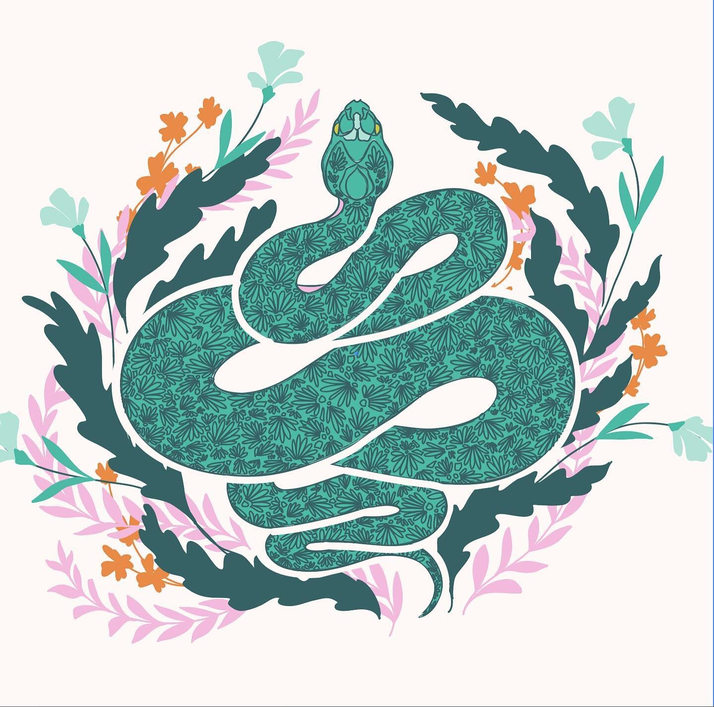 Recolored and reworked, this sketch from a year ago has come a long way.

Sneak peak of the pattern repeat coming very soon! 🐍
____________________________________________________________________________________________________#surfacepatterndesign#