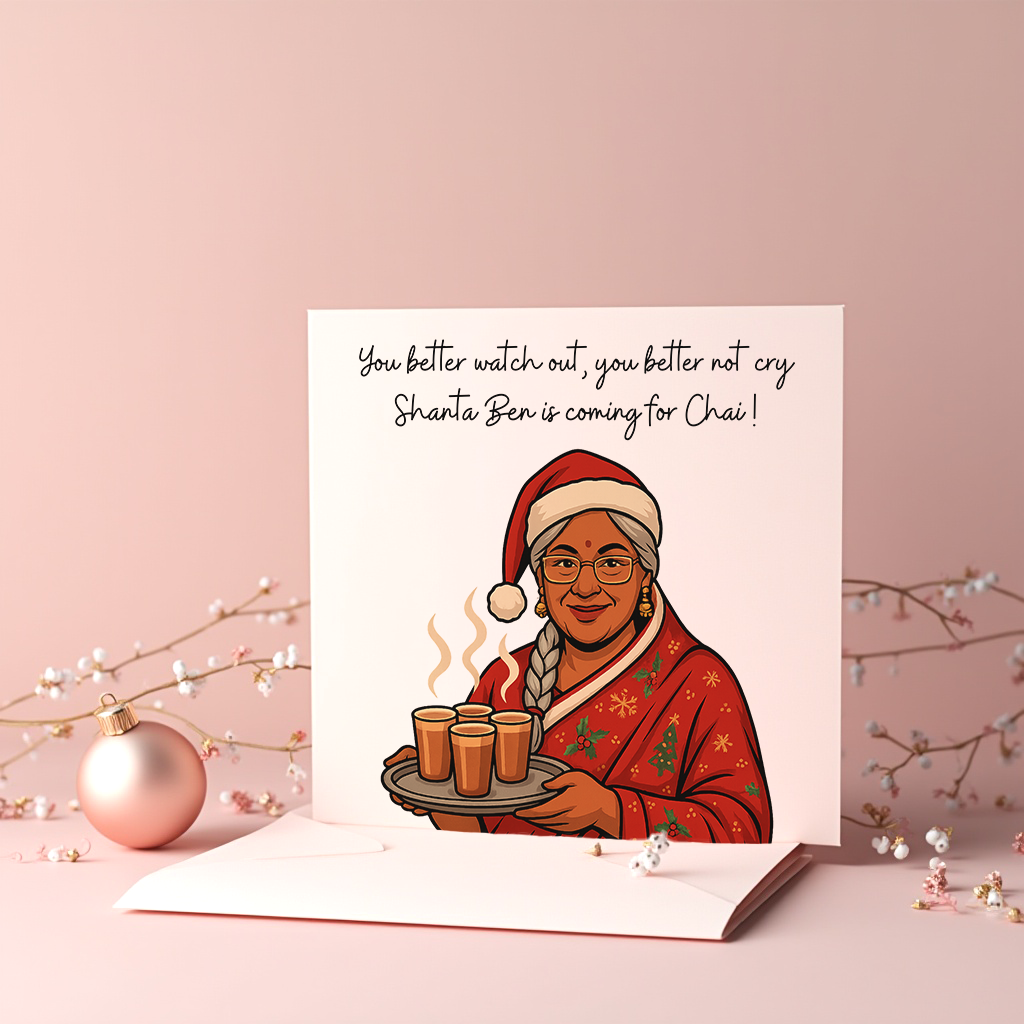 Humorous chai-themed Christmas card for friends and family