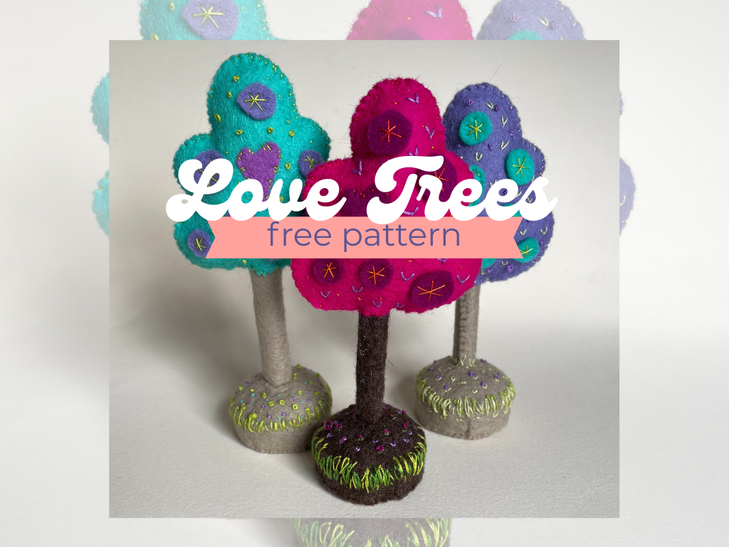 3 small trees made from coloured felt and decorated with hand embroidery, designed by Lisa Woakes. This is a link for the free pattern.