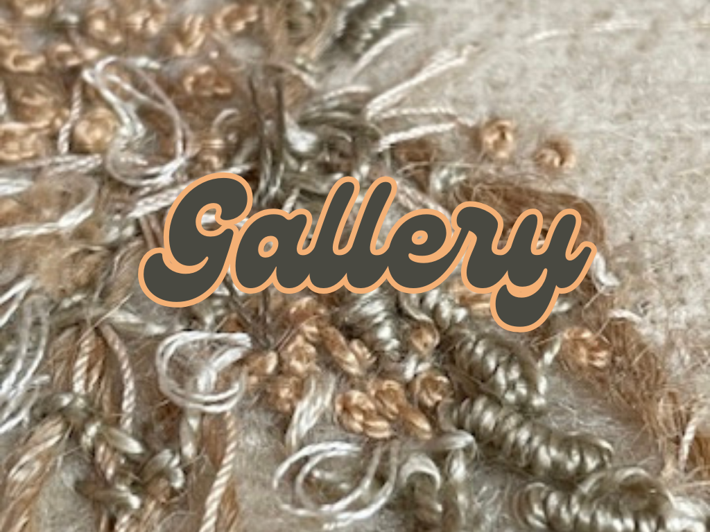 Close up detail of hand stitching and embroidery featuring frenchknots and bullion stitches in a selection of neutral colours on a cream wool background fabric, an original work by Lisa Woakes