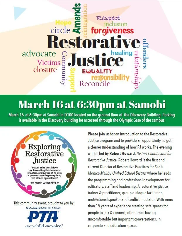 Exploring Restorative Justice, Community Event led by Robert Howard March 16 at 6:30pm at Samohi