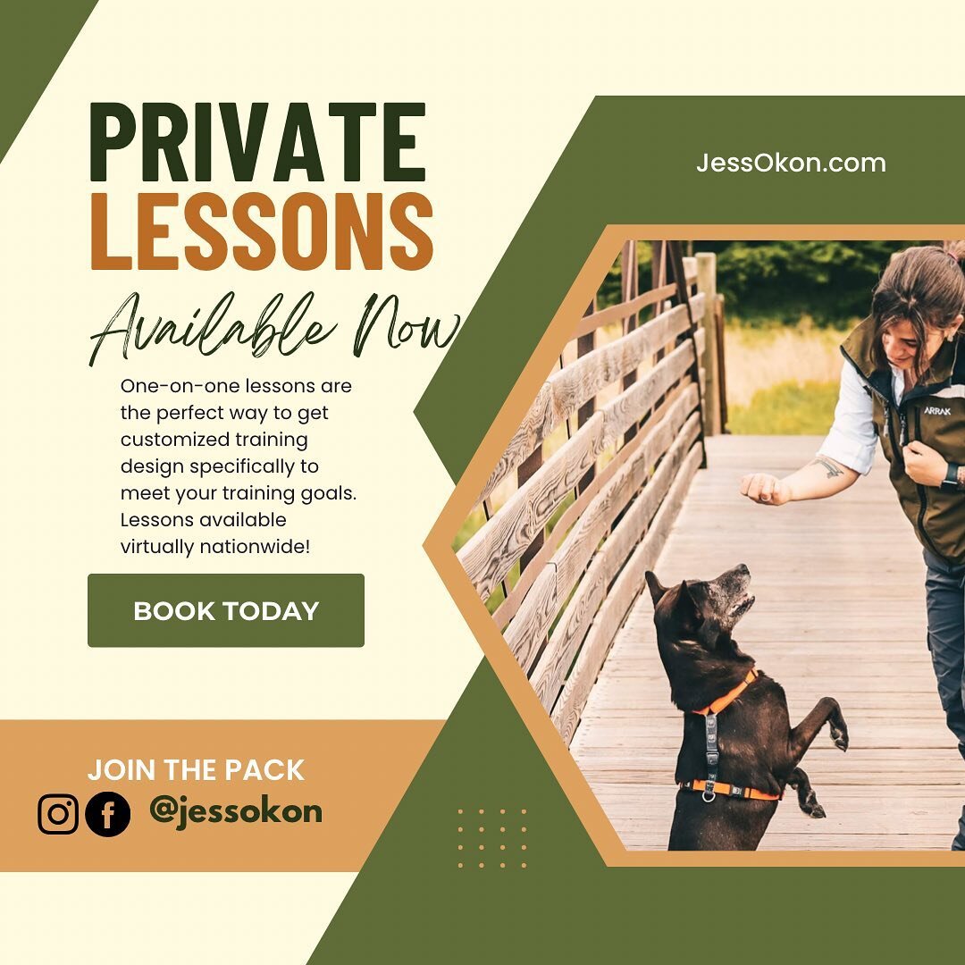 Private lessons are a great way to get customized training specific to your goals &amp; your dog&rsquo;s learning style. 

Available virtually nationwide or in-person with limited availability in Eastern Iowa &amp; Miami, Florida. Message me today to