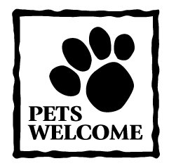 Sign with a paw print and the text 'Pets Welcome'.