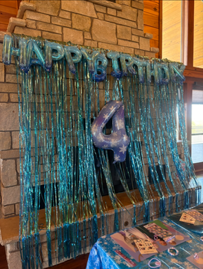 Frozen theme at birthday party venue showing tinsel garland at Life's Finer Moments.