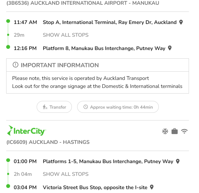 インターシティ・バスの予約確認書一例。発着場所と時間が明記されています。