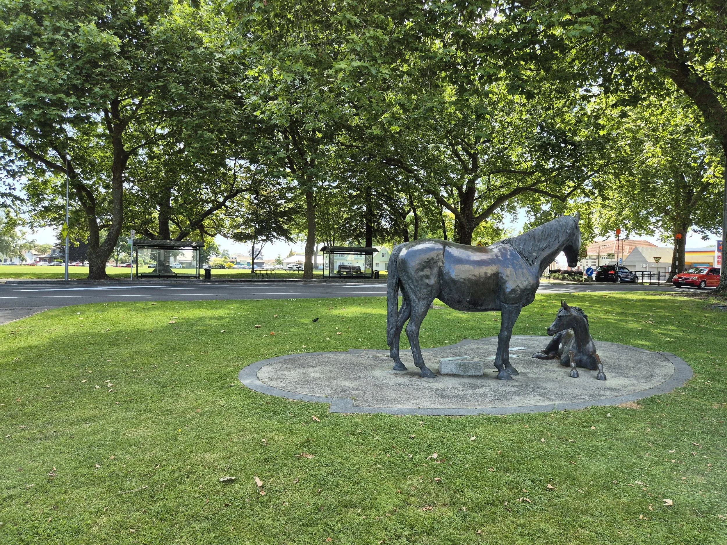 Mare and Foal Statue across from Cambridge Bus Stop