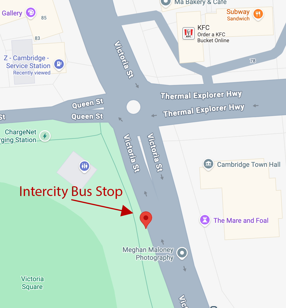 Intercity Bus Stop Location in Cambridge. Across fthe road from the Town Hall