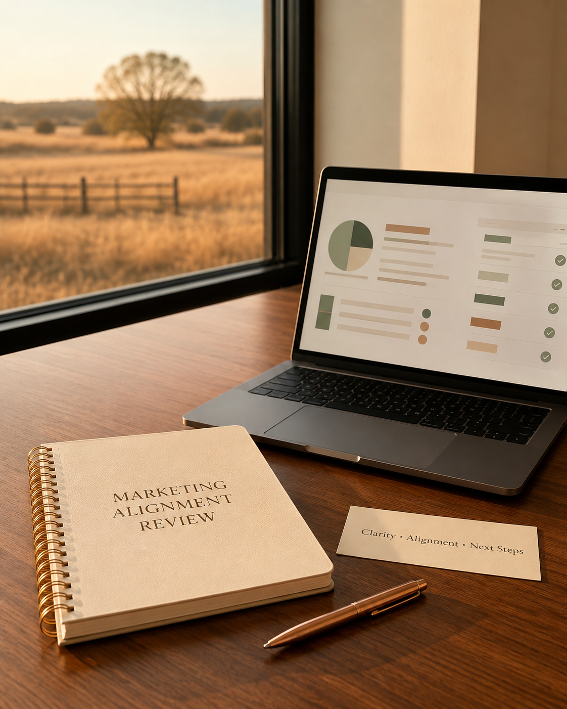 Marketing Alignment Review notebook beside a laptop displaying a marketing analysis on a conference table overlooking an East Texas field.
