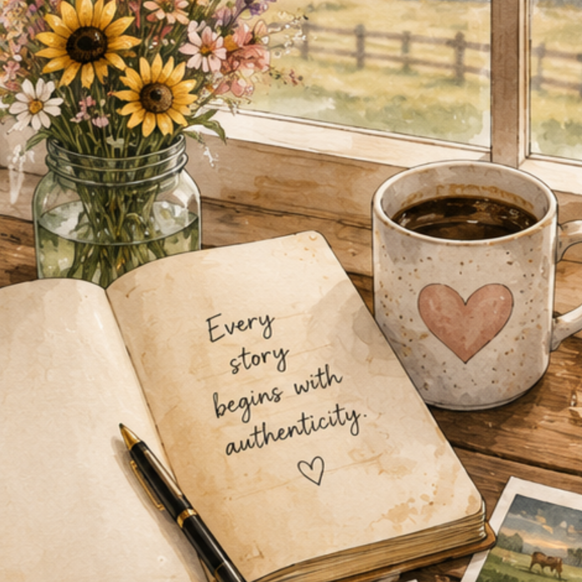 Instagram sketch of a journal with the entry Every story begins with authenticity. Suzi Worley heart coffee mug, and a photo on a desk next to a window viewing a ranch scene. A ball jar filled with fresh wildflowers completes the scene.