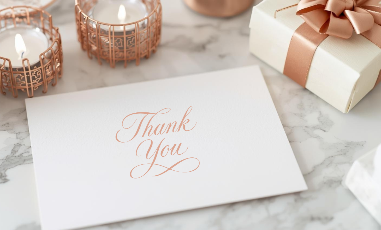 Marble desk with embellished thank you card, next to two burning tea-light candles in rose gold holders.