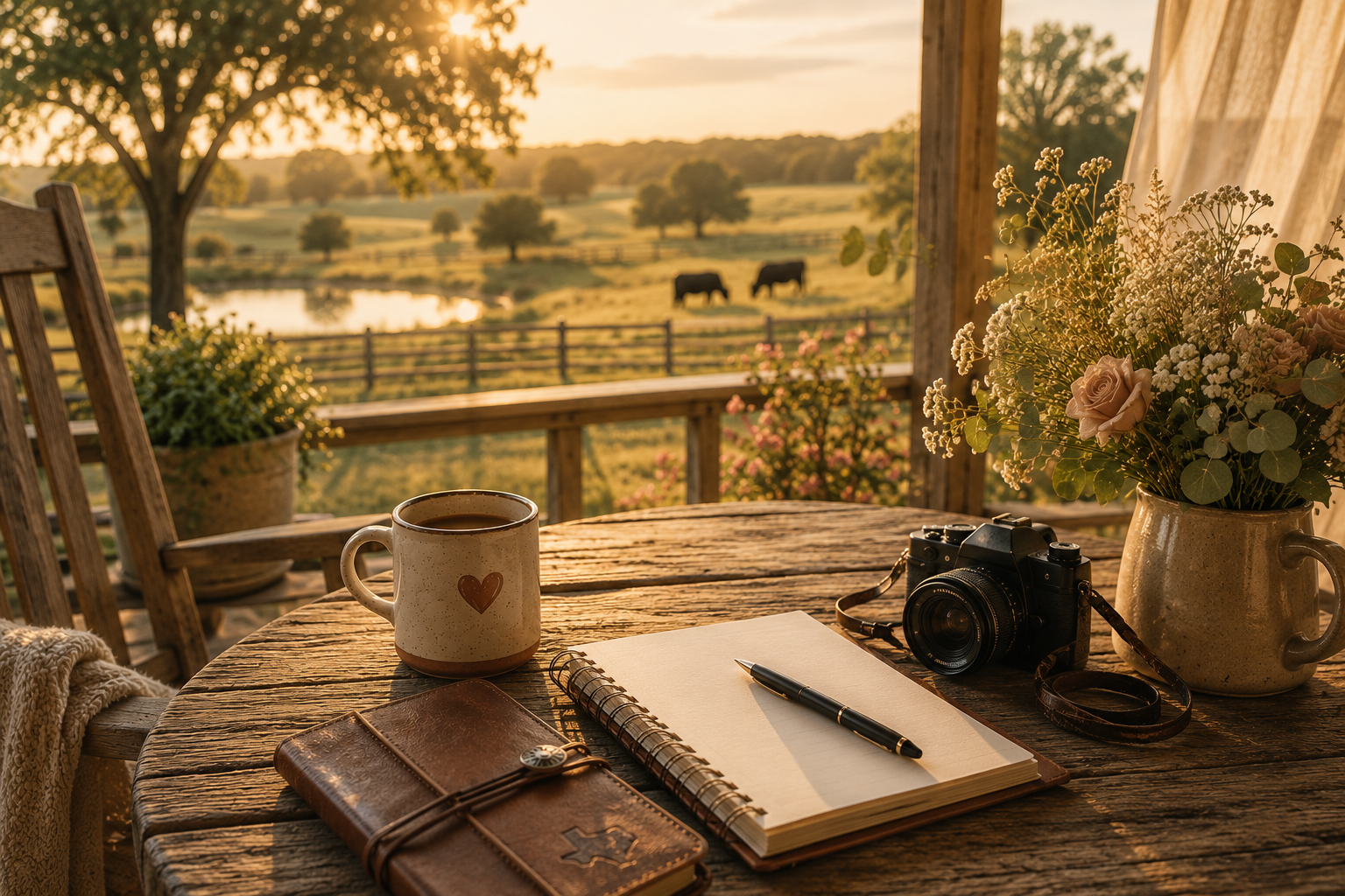 Marketing strategy workspace overlooking an East Texas ranch with a journal, heart coffee mug, vintage camera, and flowers, symbolizing thoughtful branding and small business growth.