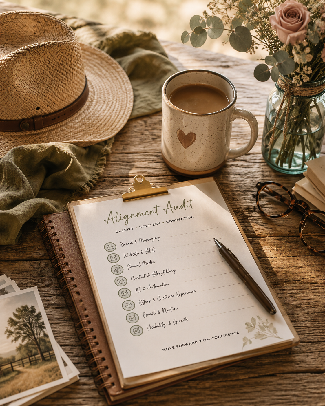 Marketing audit / alignment strategy workspace with a planning notebook, heart coffee mug, journal, and flowers, representing thoughtful brand strategy for small business owners.