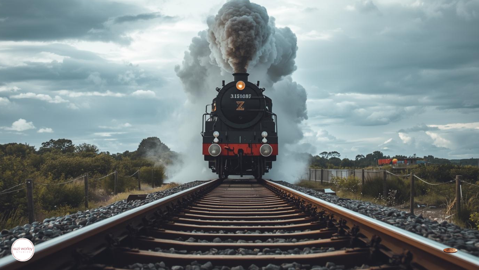 Dramatic steam locomotive on railroad tracks symbolizing unstoppable change and the penny retirement in 2026.