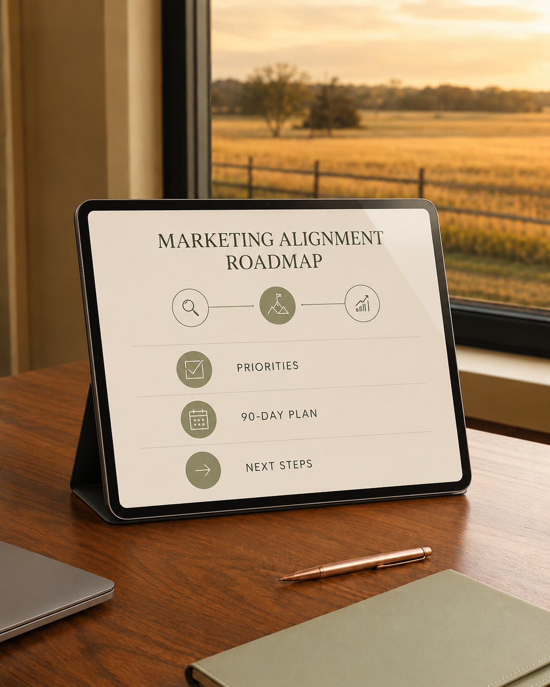 Digital Marketing Alignment Roadmap displaying priorities, a 90-day plan and next steps on a tablet overlooking an East Texas field.