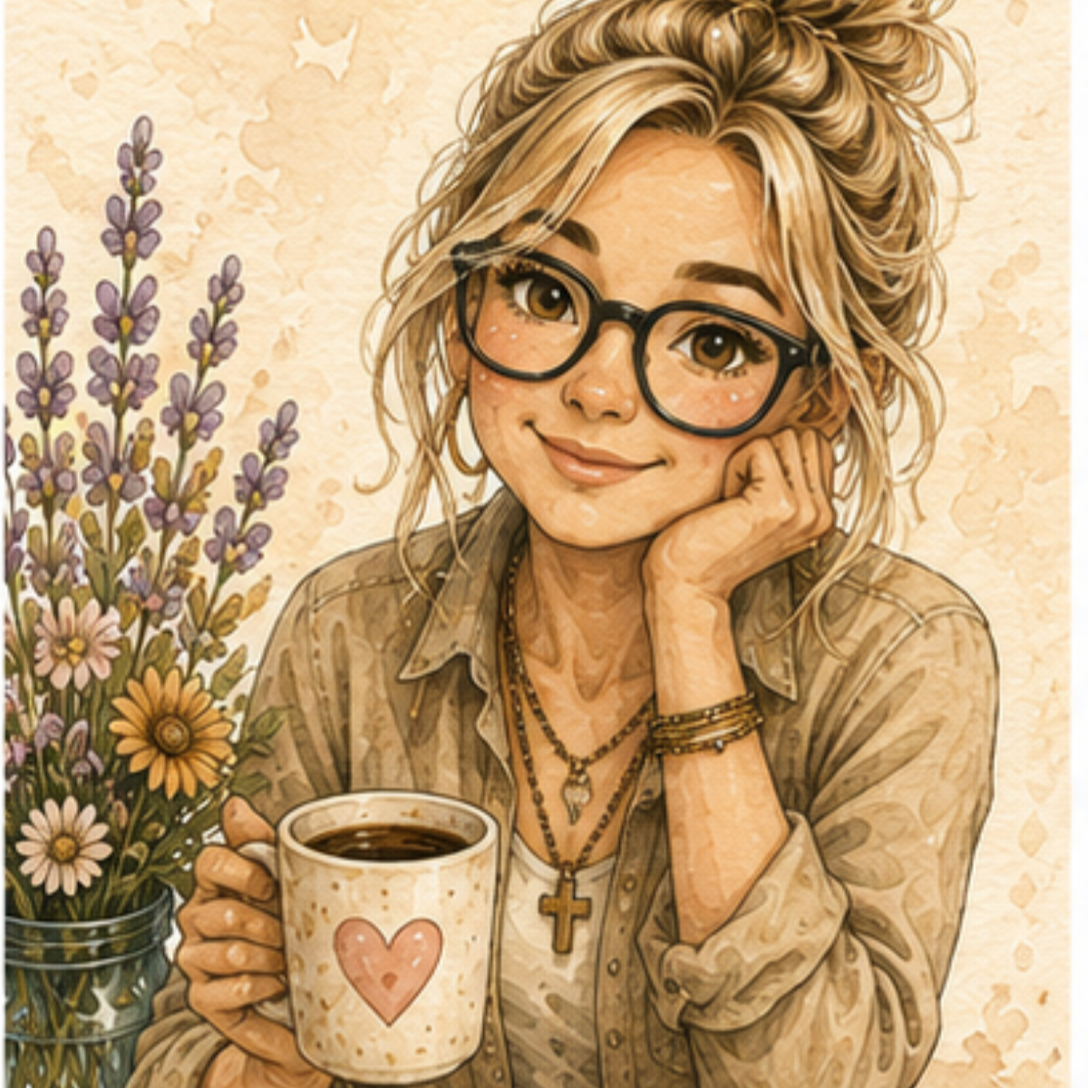 Sketch of Suzi smiling softlyat work, blonde hair in a messy bun, wearing large glasses, cross necklace on her neck and bracelets on her arm, holding signature heart mug filled with coffee. Fresh flowers in a mason jar peeing out behind her shoulder.