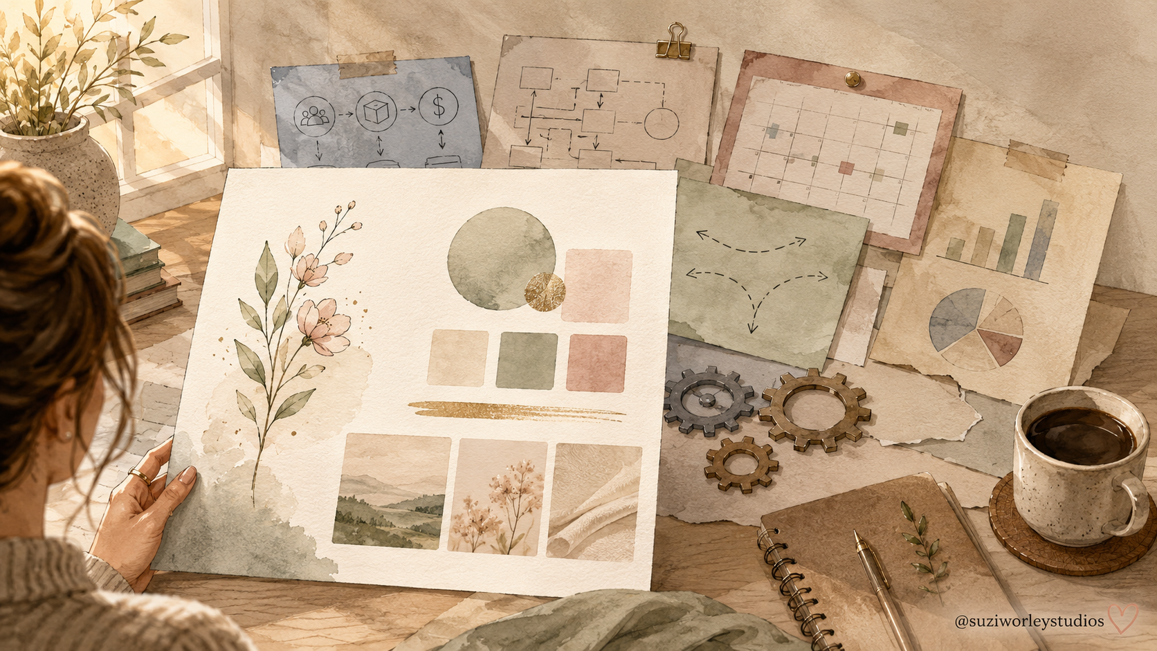 Watercolor illustration of a creative workspace with brand colors, strategy diagrams, charts, calendar, notebook, gears, and coffee arranged around a marketing mood board.