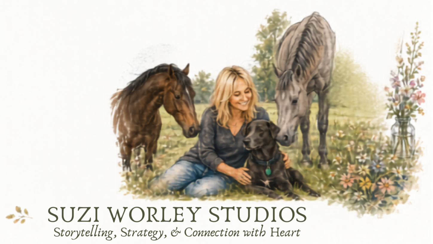 Small Business marketing blog image, Suzi Worley Studios sketch with two horses, Storytelling, Strategy, & Connection.