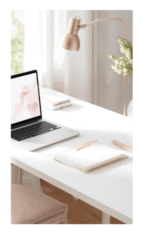 White desk scene with rose gold accents and computer and notebook on a deskotp.