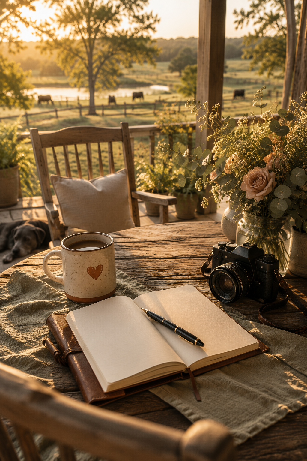 Warm East Texas porch workspace with a heart coffee mug, open journal, camera, and ranch view, representing thoughtful marketing strategy, brand storytelling, and small business consulting at Suzi Worley Studios.