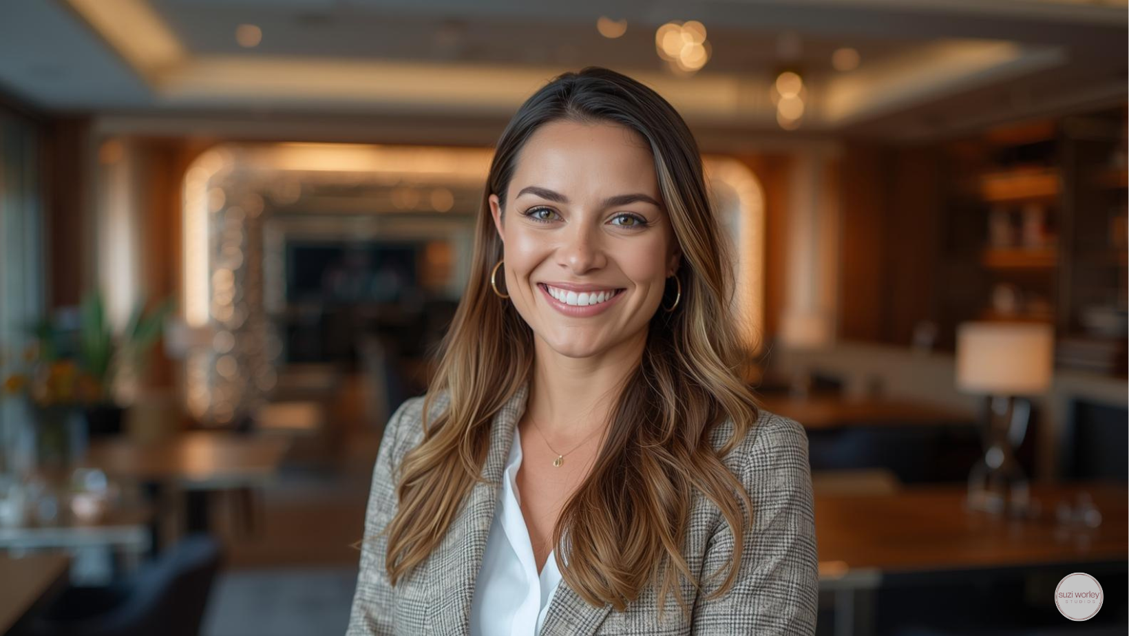Smiling brunette female standing in front of an upscale seating area.