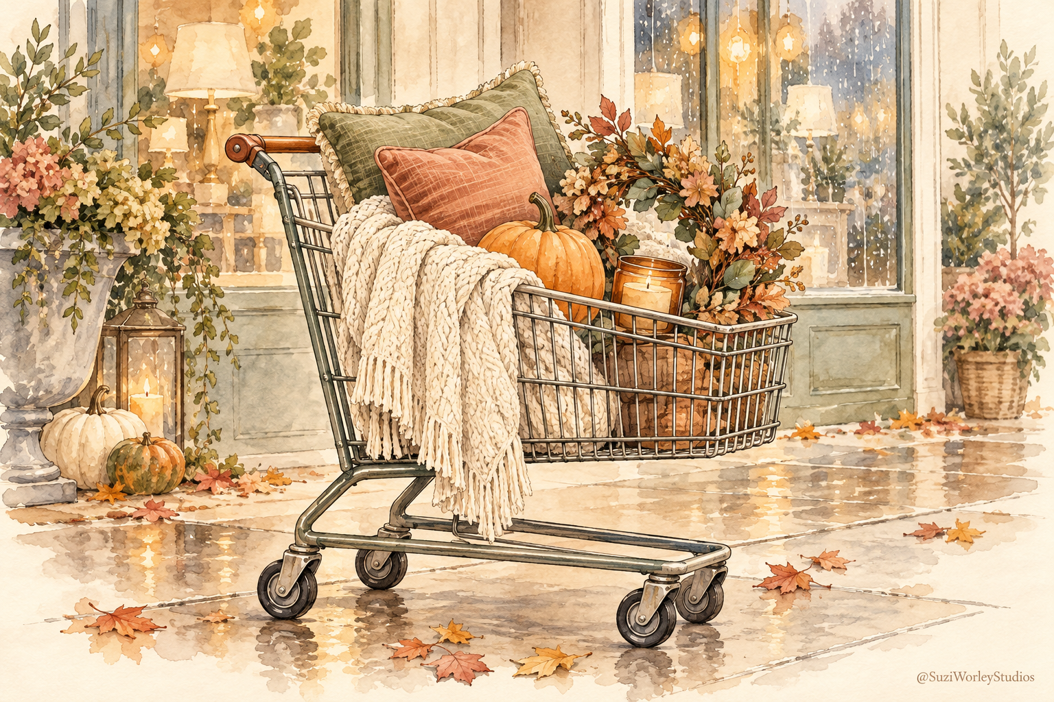 Watercolor illustration of a shopping cart filled with fall pillows, a knit blanket, pumpkins, a wreath, and a candle outside a cozy shop on a rainy day.