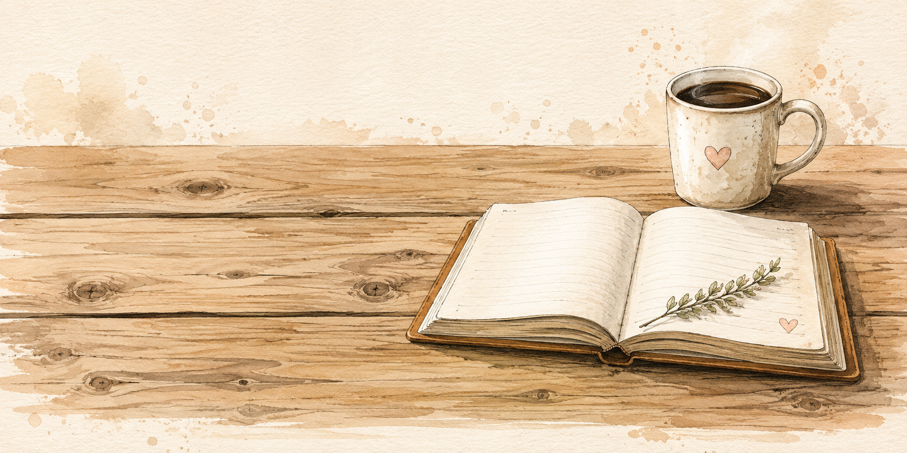 Sketch with table and open journal ready for marketing strategies and to learn more about Suzi Worley Studios, her signature heart coffee mug completes the scene.