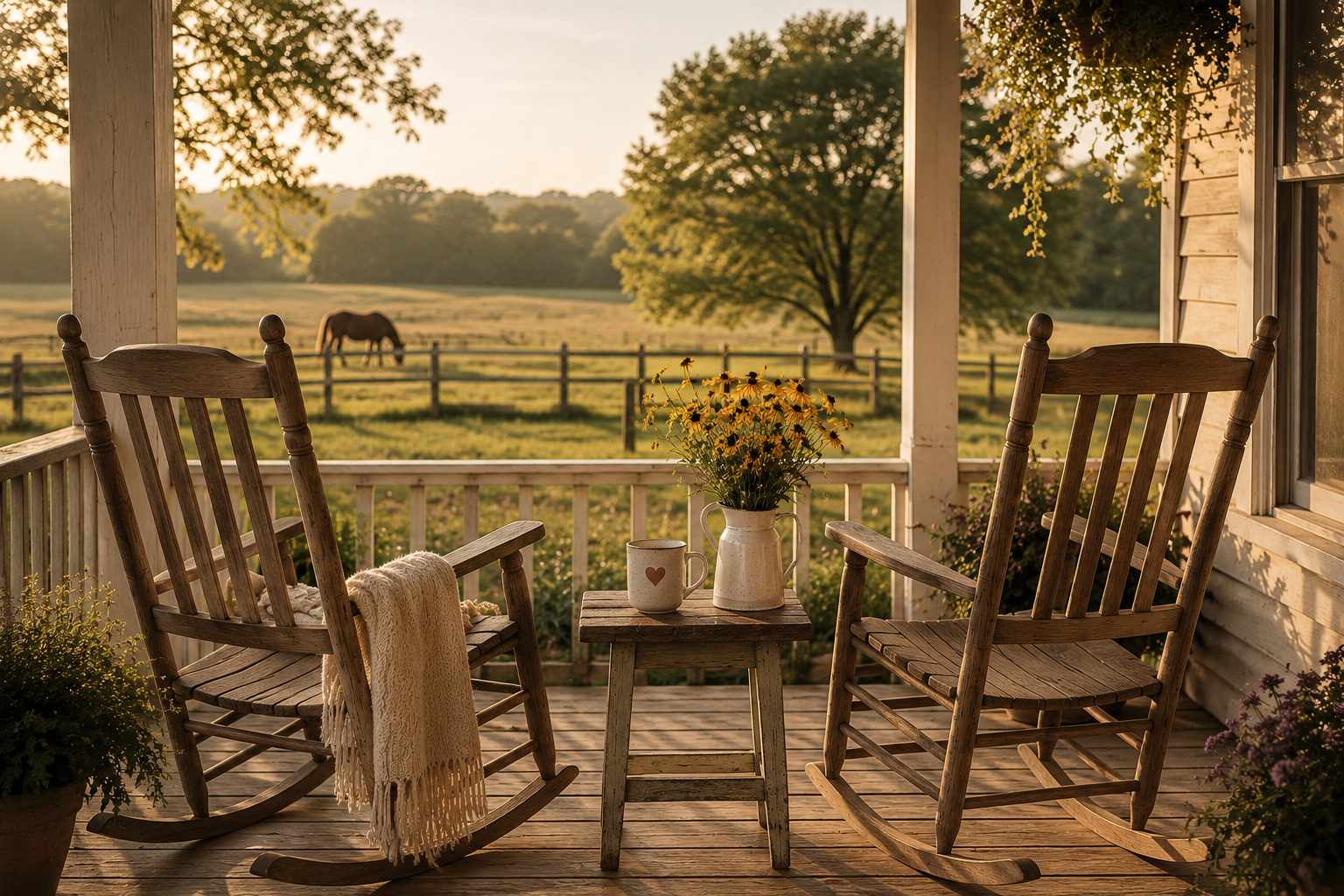 Two wooden rocking chairs on a peaceful East Texas porch with a heart coffee mug, black-eyed Susans, and a horse in the pasture, inviting small business owners to start a marketing strategy conversation with Suzi Worley Studios.
