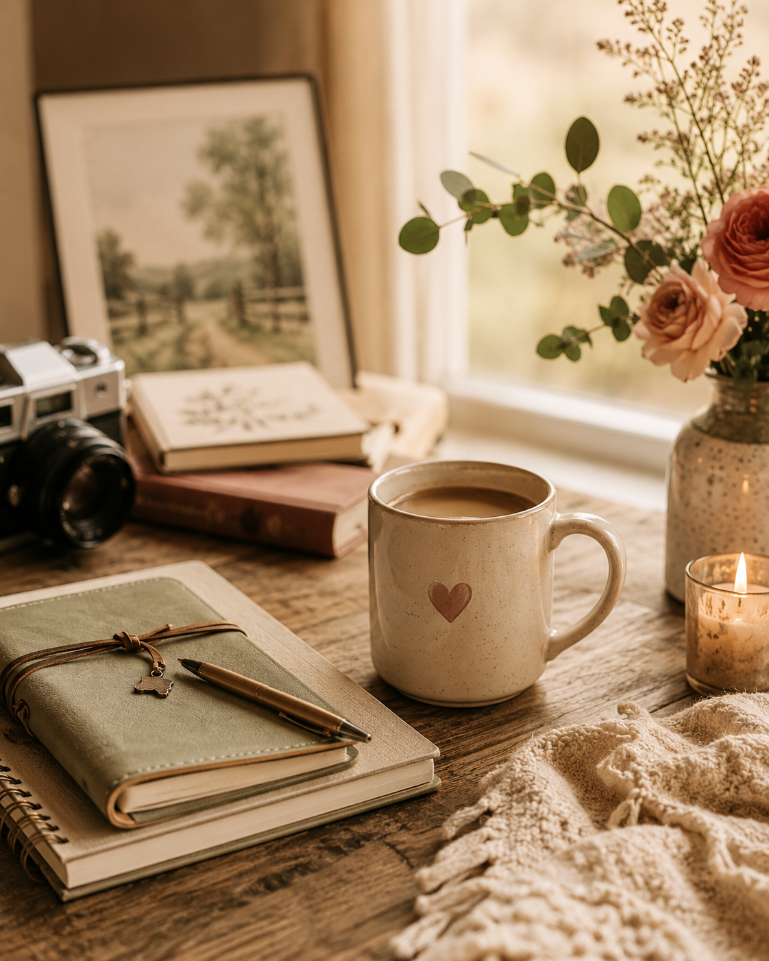 Thoughtful marketing strategy workspace with a journal, heart coffee mug, vintage camera, and flowers, reflecting authentic brand strategy for small business owners.