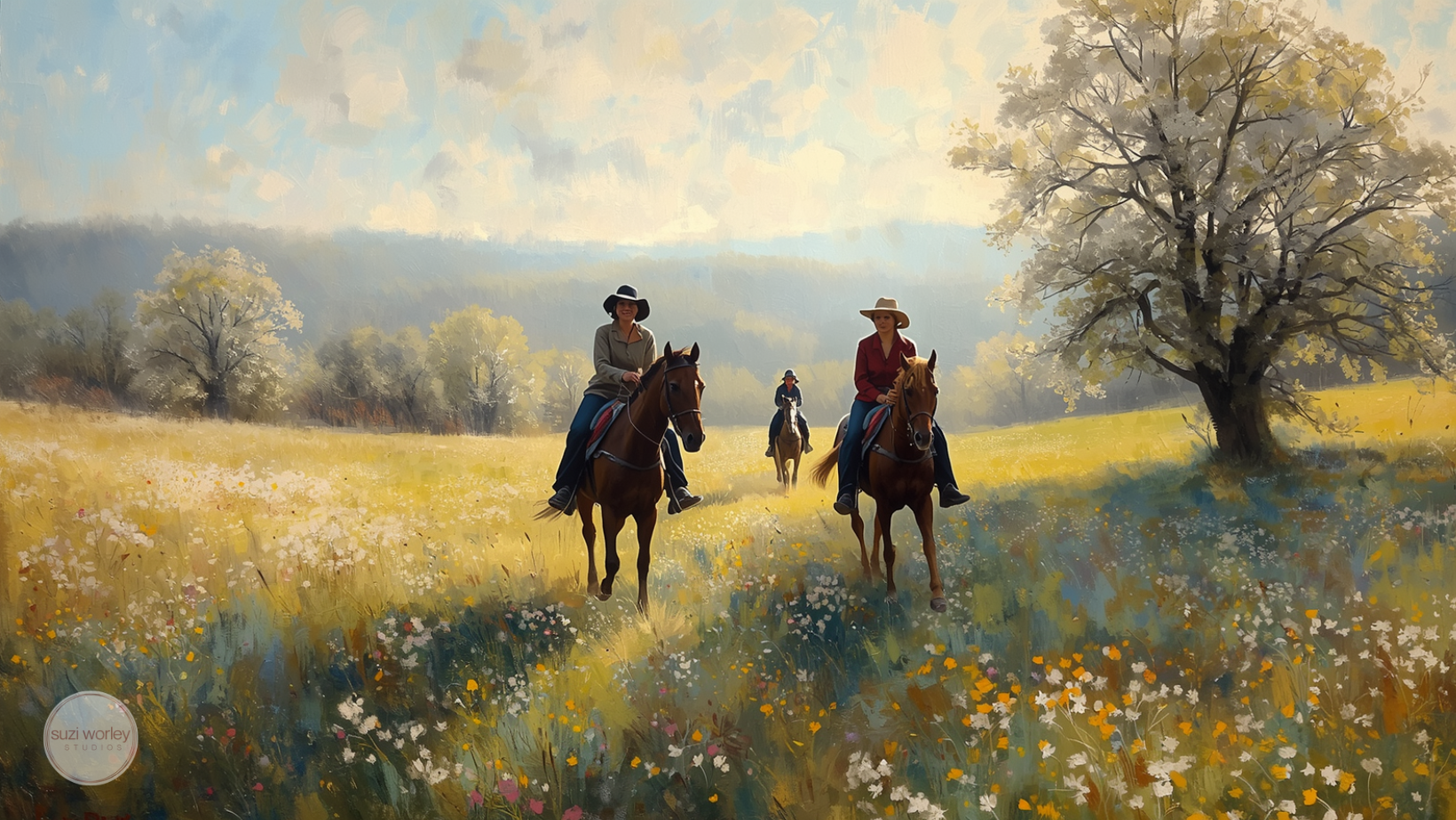 "Women on horseback riding through blooming spring meadow, evoking empowerment and control. AI generated art by Suzi Worley Studios.