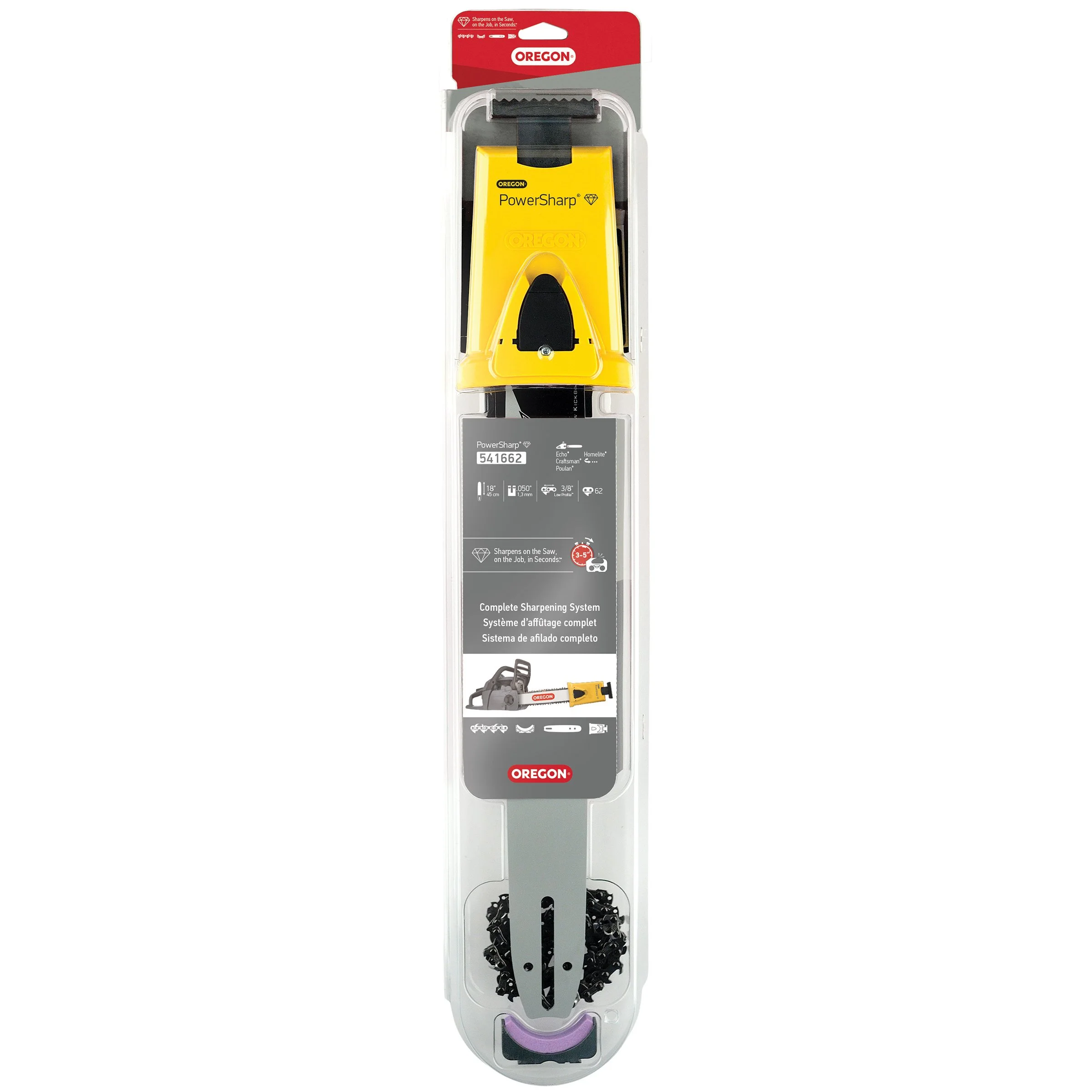 Oregon PowerSharp Starter Kit 18", Fits Echo, Craftsman, Homelite, PS62 sawchain, guide bar and bar-mount sharpener (541662)