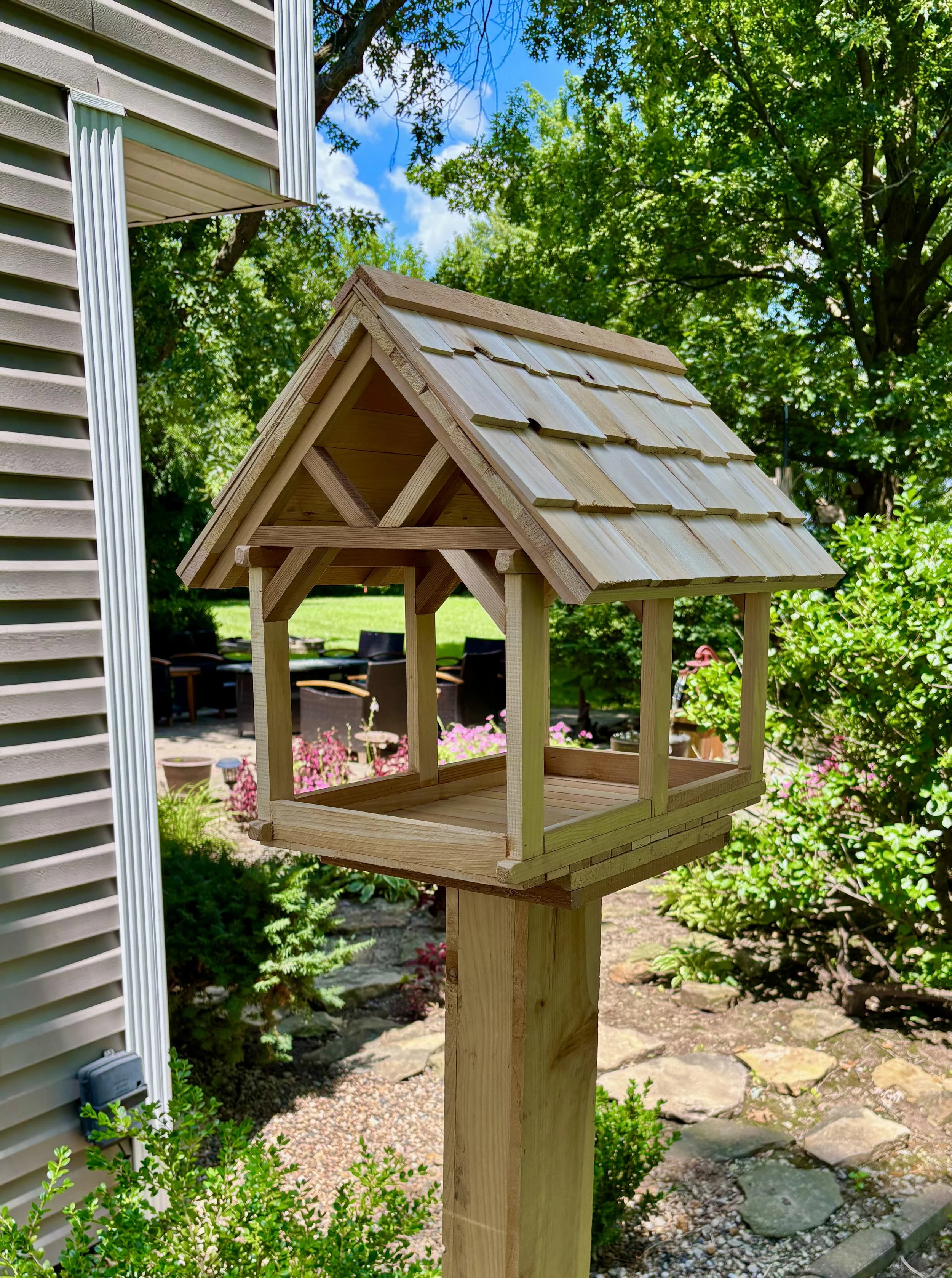 Largest Covered Bird Feeder "Timber-frame Deluxe", Shake Shingled Roof, All Cedar, Platform feeder, Fly through
