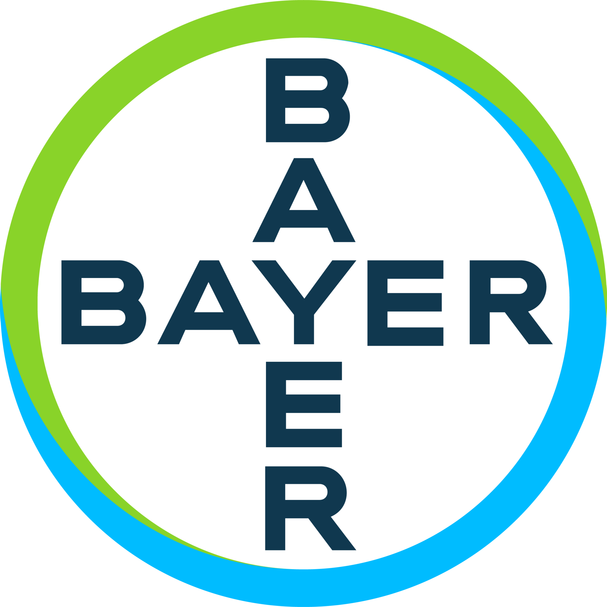 BayER logo with dark blue letters inside a green and blue circular border