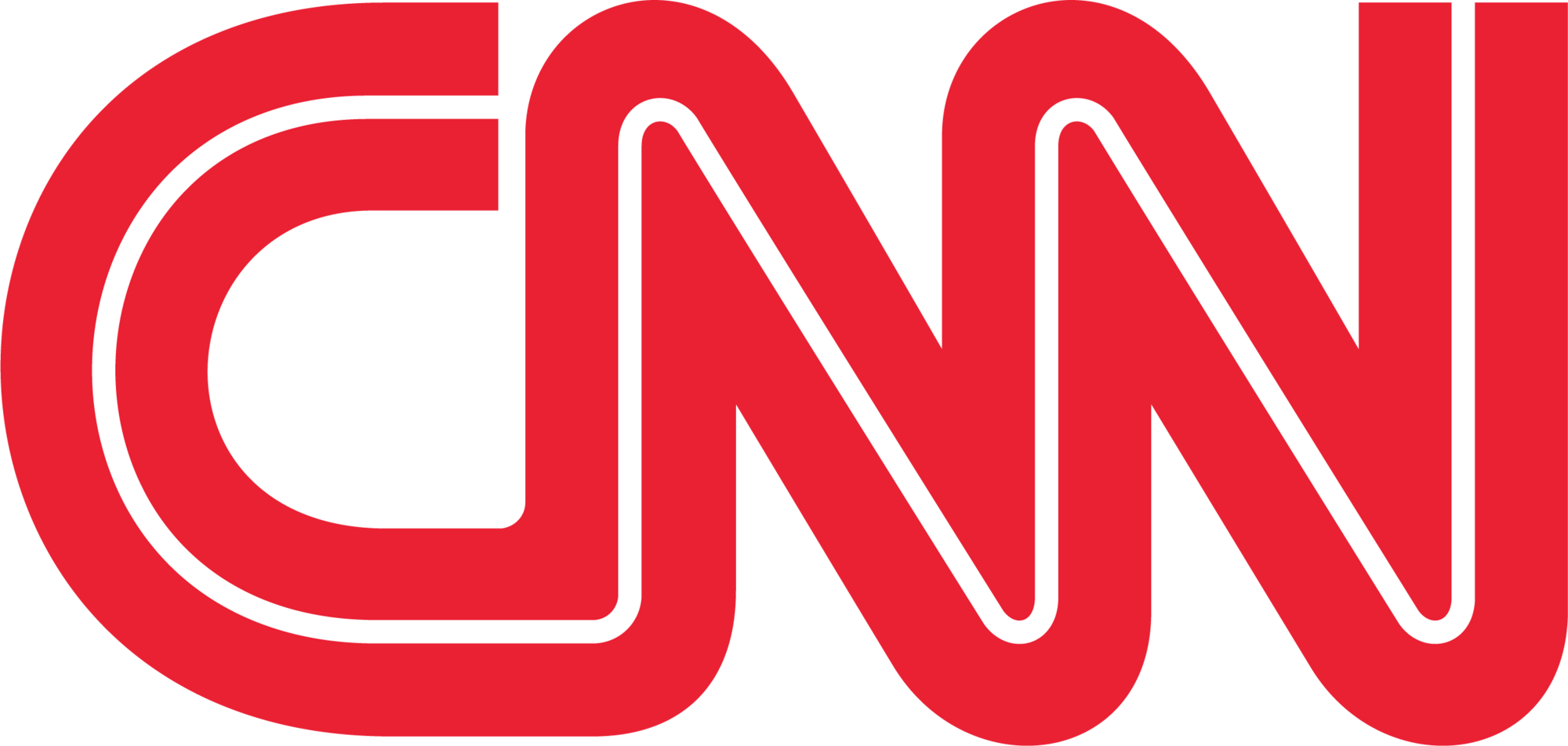 Red and white abstract logo resembling a stylized lowercase “cnn” on a black background